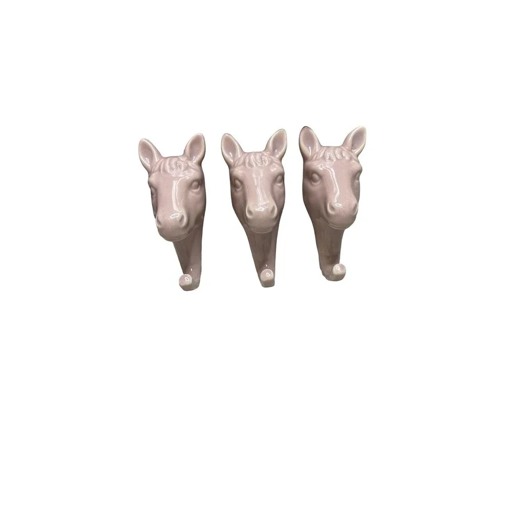 Set Of Three Horse Head Pink Wall Hooks